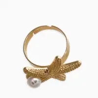 Кольцо "Морская звезда" с бусиной, безразмерное, цвет белый в золоте