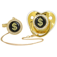 Соска - пустышка силиконовая ортодонтическая &laquo;Доллар&raquo;, от 6 мес., с колпачком + держатель - цепочка, цвет золотой/черный, стразы