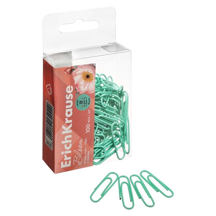 Скрепки канцелярские 28 мм, 100 штук, ErichKrause Pastel Bloom, цветные с виниловым покрытием, пластиковая коробка, мятные