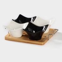 Набор салатников керамических на деревянной подставке &laquo;Инь-Янь.Квадрат&raquo;, 5 предметов: 4 салатника 80 мл, подставка, цвет белый и чёрный