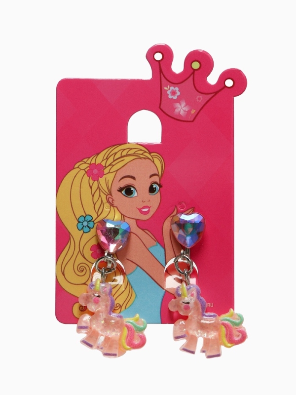 Серьги-клипсы детские "Выбражулька" единорог с сердцем кристалл, цветные