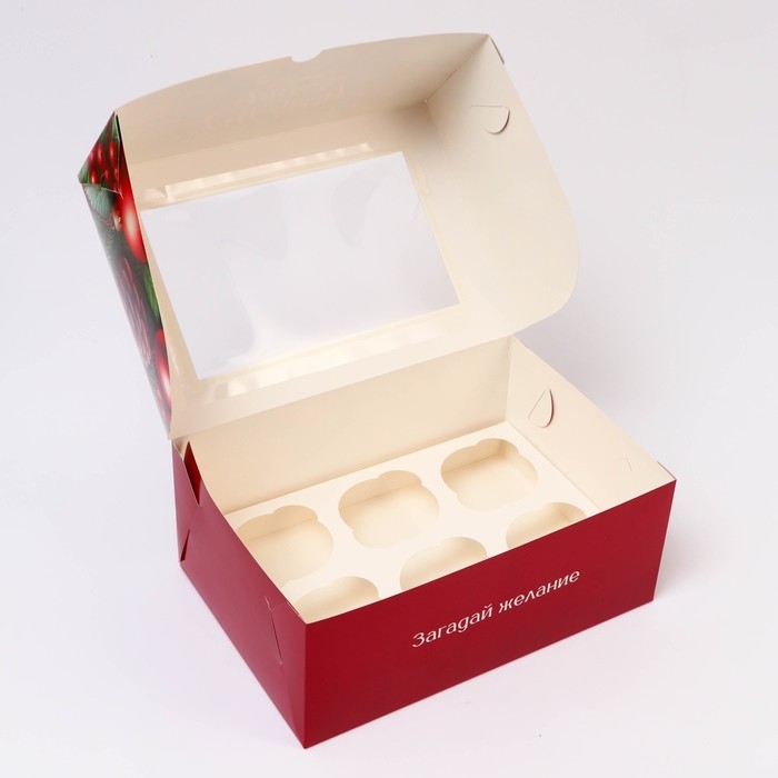 Новый год. Коробка для 6 капкейков с окном "Загадай желание", 25 х 17 х 10 см, упаковка