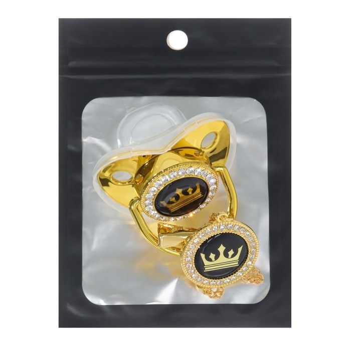 Соска - пустышка силиконовая ортодонтическая &laquo;Корона&raquo;, от 6 мес., с колпачком + держатель - цепочка, цвет золотой/черный, стразы