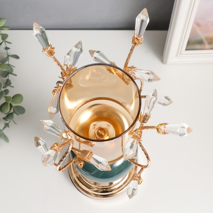 Подсвечник металл на 1 свечу "Веточки с кристаллами. Сине-зелёный шар" золото 34х17х17 см