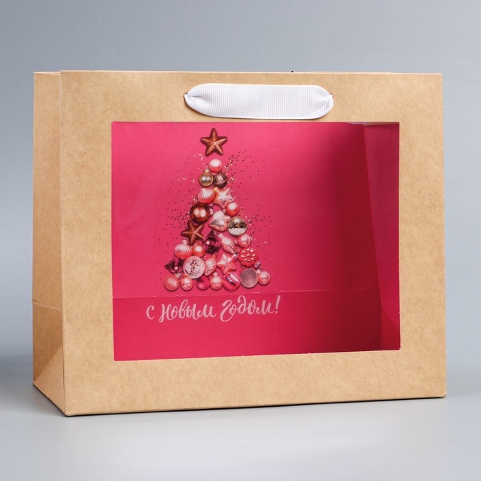 Пакет подарочный новогодний крафтовый с пластиковым окном &laquo;Новогодние шары&raquo;, 24 х 20 х 11см