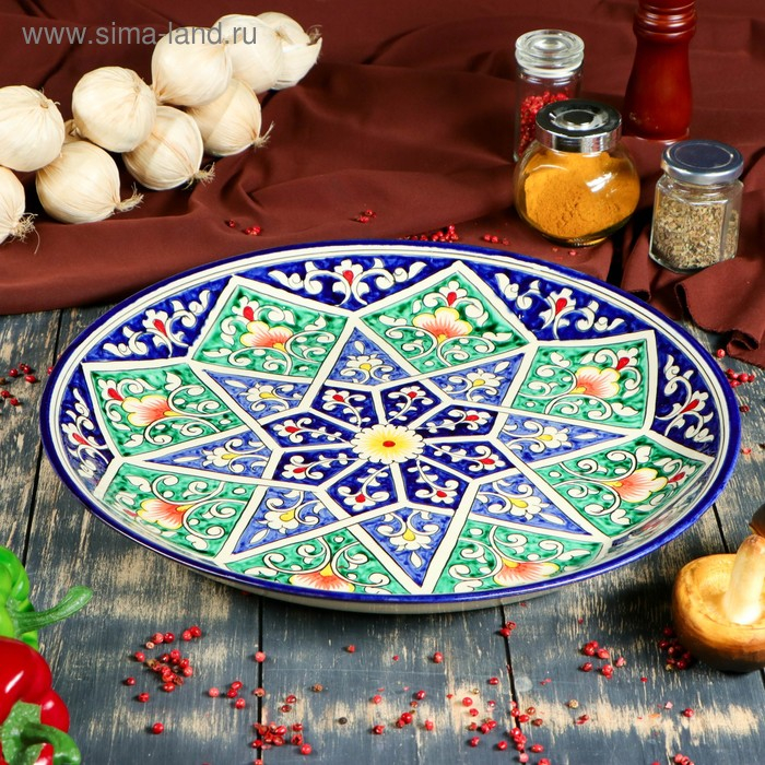 Ляган круглый &laquo;Риштан&raquo;, 36 см, зелёный, орнамент бело-синий