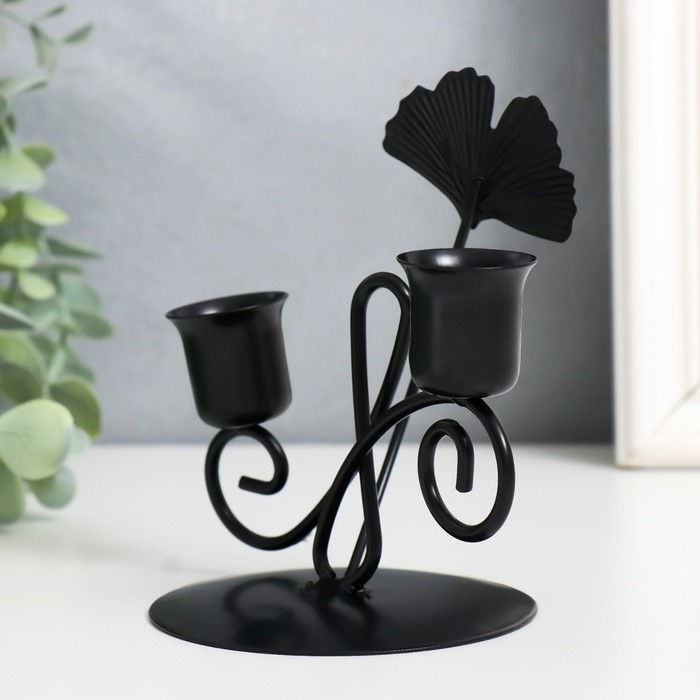 Подсвечник металл на 2 свечи "Лист Гинкго и завиток" d-2,5 см чёрный 11,8х9х13 см