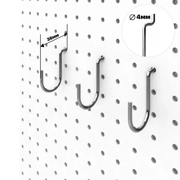 Крючок загнутый с зацепом на перфорированную ДСП панель, d=4 мм, 6&times;2&times;3,6 см, цвет хром