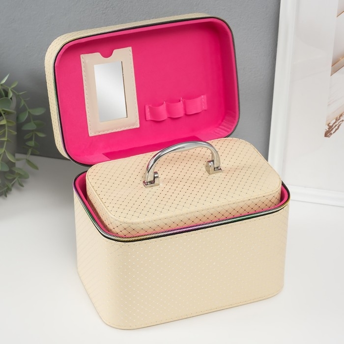 Шкатулка кожзам с зеркалом "Ромбы" сливки набор 3 шт 19х10,5х10,5 21х13х14 15х23х17 см