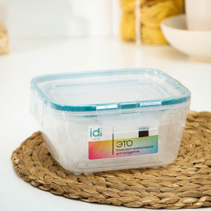 Набор контейнеров для продуктов с защёлкой, герметичная крышка, 3 шт: 400 мл, 800 мл, 1,5 л, прозрачные, крышка голубая Набор контейнеров для продуктов с защёлкой, герметичная крышка, 3 шт: 400 мл, 800 мл, 1,5 л, прозрачные, крышка голубая