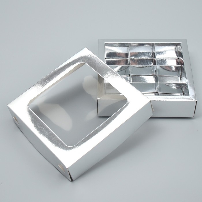 Коробка для конфет, кондитерская упаковка, 9 ячеек, &laquo;Серебристая&raquo;, 14.7 х 14.7 х 3.5 см