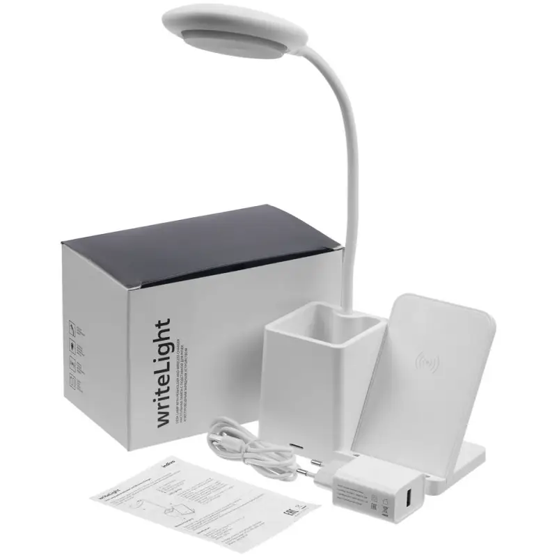 Лампа с органайзером и беспроводной зарядкой writeLight, ver. 2, белая Лампа с органайзером и беспроводной зарядкой writeLight, ver. 2, белая