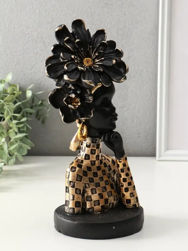 Бюст полистоун "Девушка с цветком, в наряде в клетку" чёрный 13,3х12,3х29,5 см