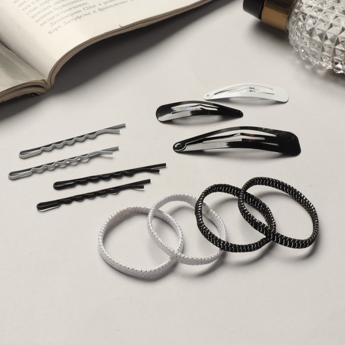 Набор для волос &laquo;Классика&raquo; (6 шт-4,5 см,8 шт-6 см,2 шт-6,5 см,8 резинок) чёрно-белый