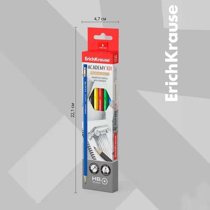 Карандаш чернографитный с ластиком ErichKrause Academy, НВ, грифель d=2,2 мм, дерево, шестигранный в коробке, микс