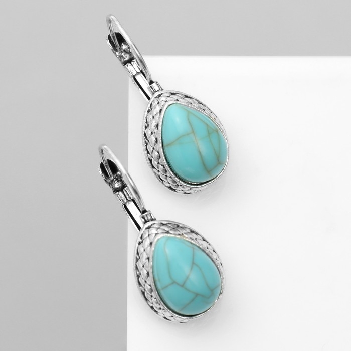 Серьги &laquo;Этника&raquo; капля бирюзы, цвет голубой в чернёном серебре