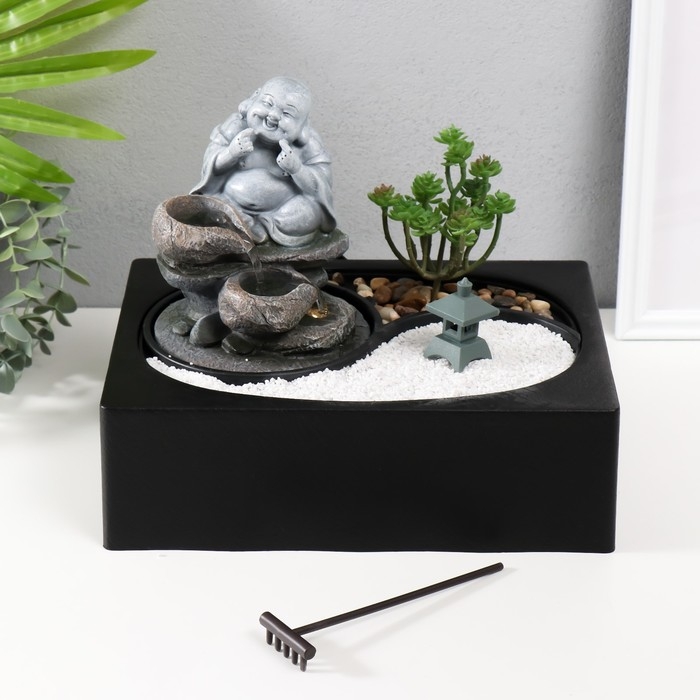 Фонтан настольный от сети, подсветка Фонтан настольный от сети, подсветка "Хотей на камнях" 29х21х22 см