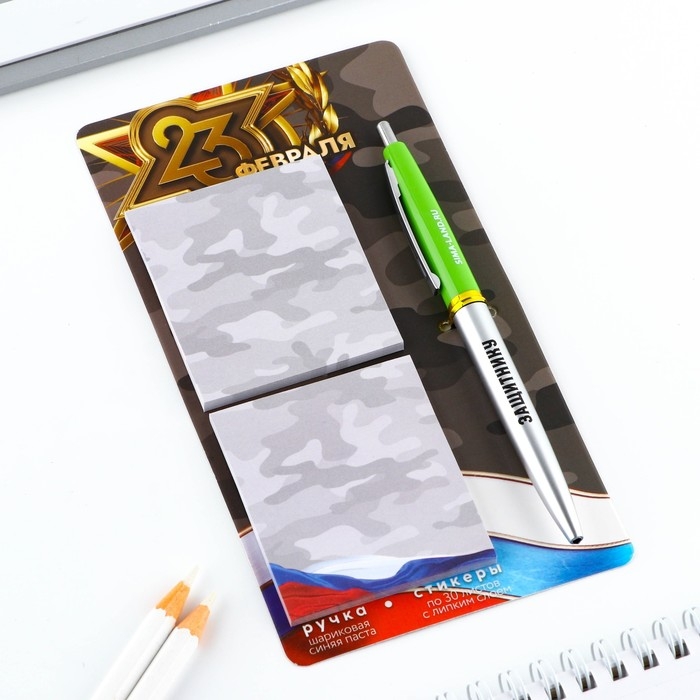 Подарочный набор стикеры и ручка &laquo;23 февраля&raquo;, 2 х 30 л, синяя паста 0.7 мм