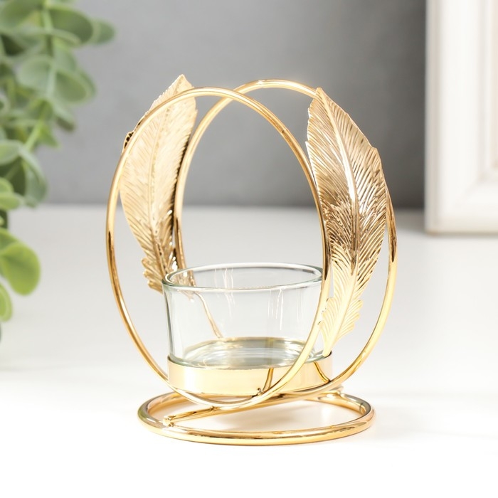 Подсвечник металл, стекло на 1 свечу Подсвечник металл, стекло на 1 свечу "Пёрышки" d-4 см золото 7,5х10х11 см