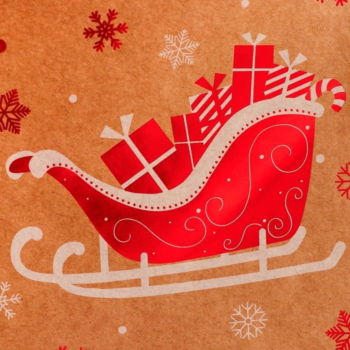 Пакет крафт с тиснением, круглая ручка, Пакет крафт с тиснением, круглая ручка, "Новогдние сани" 33 х 25 х 12 см, 120 г