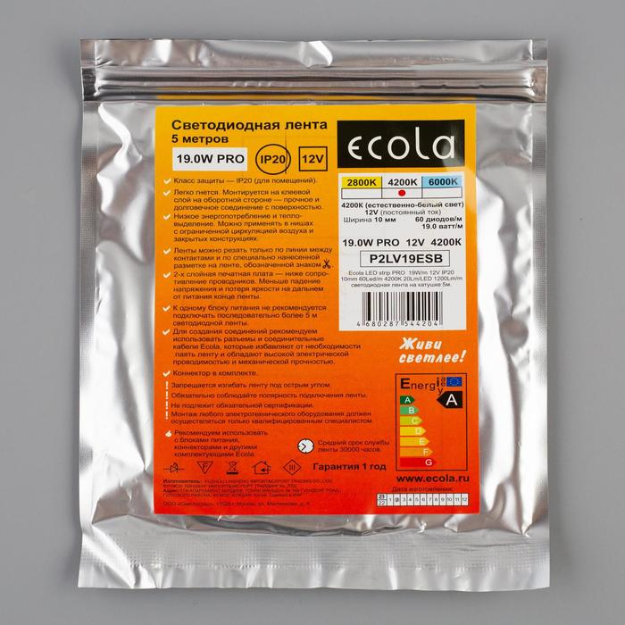 Светодиодная лента Ecola PRO 5 м, IP20, SMD2550, 60 LED/м, 19 Вт/м, 12 В, 4200К Светодиодная лента Ecola PRO 5 м, IP20, SMD2550, 60 LED/м, 19 Вт/м, 12 В, 4200К