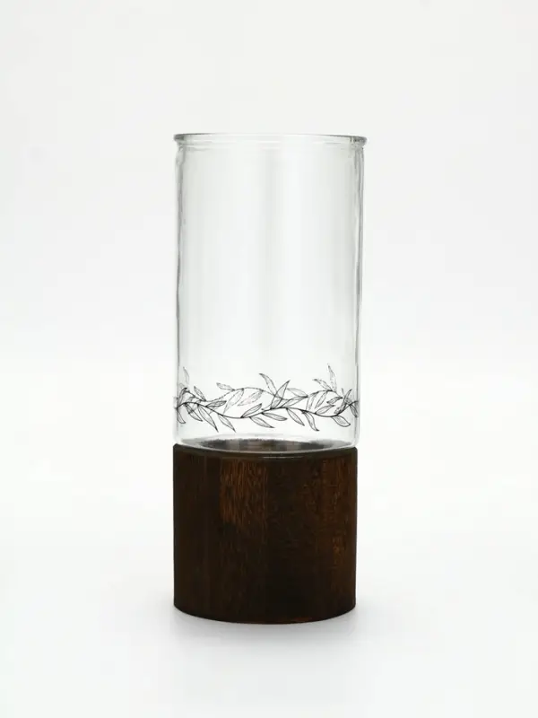 Стеклянная ваза с деревянной подставкой, 10х25,5х10 см