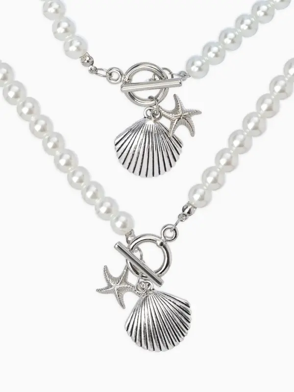 Набор 2 пред-та: бусы.браслет "Жемчуг", ракушка вонголе, цвет белый в серебре L=18/42см №8   1093654