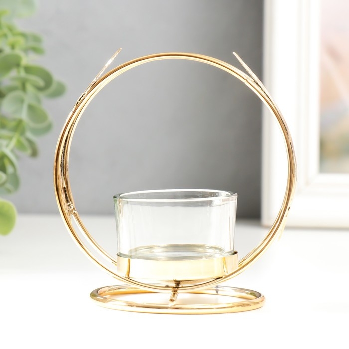 Подсвечник металл, стекло на 1 свечу Подсвечник металл, стекло на 1 свечу "Пёрышки" d-4 см золото 7,5х10х11 см