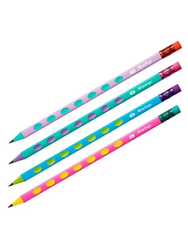 Карандаш ч/г Berlingo "Raze" HB, с ластиком, заточен, пластик, трехгр, выемки, ассорти