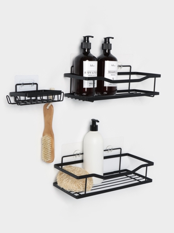 Набор полок для ванной 2 шт и мыльница, цвет черный