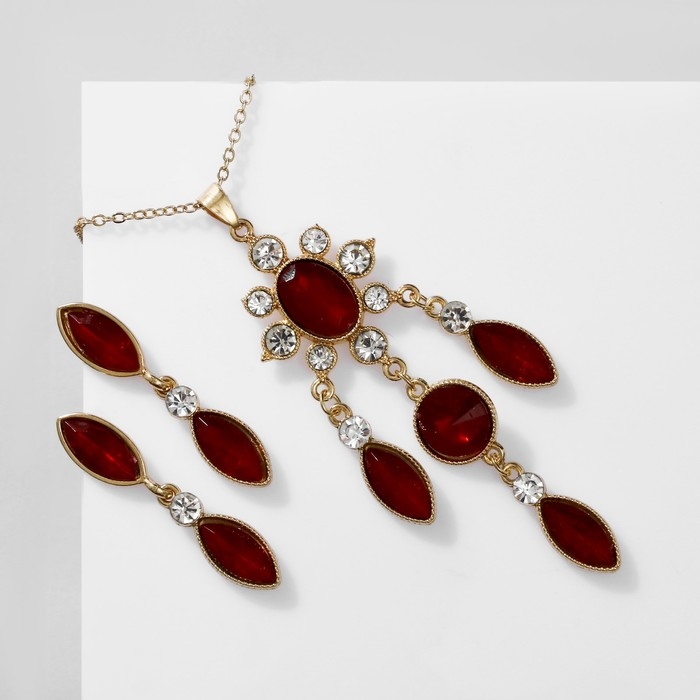 Гарнитур 2 предмета: серьги, кулон &laquo;Калейдоскоп&raquo;, цвет красно-белый в золоте, 48 см