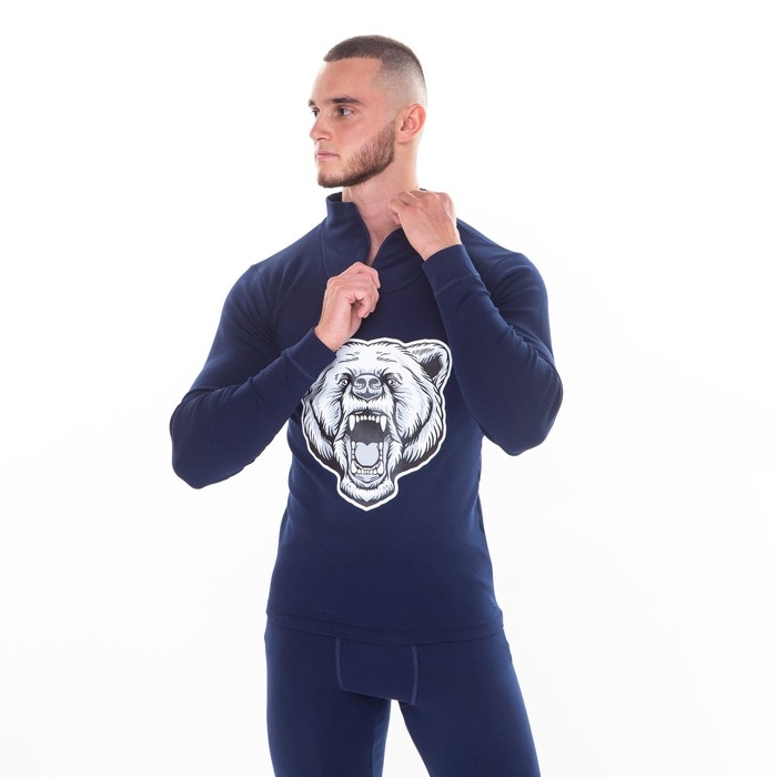 Термобельё мужское НАЧЁС (фуфайка, кальсоны) принт медведь, цвет тёмно-синий, размер 56