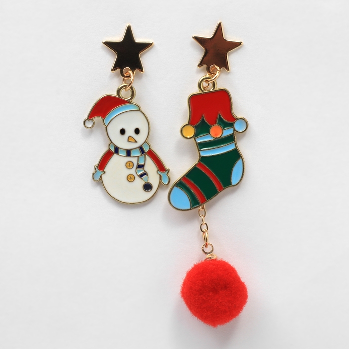 Новый год! Серьги &laquo;Новогодние&raquo; снеговик с носком, цветные в золоте