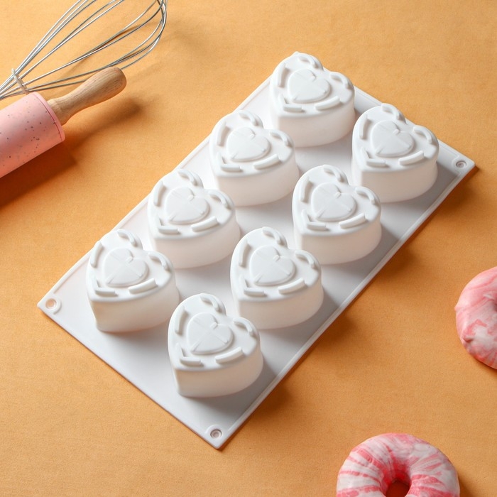 Форма для муссовых десертов Доляна «Сердце», силикон, 29×17×4,3 см, 8 ячеек (5,5×6,2×3,5 см), цвет белый Форма для муссовых десертов Доляна «Сердце», силикон, 29×17×4,3 см, 8 ячеек (5,5×6,2×3,5 см), цвет белый