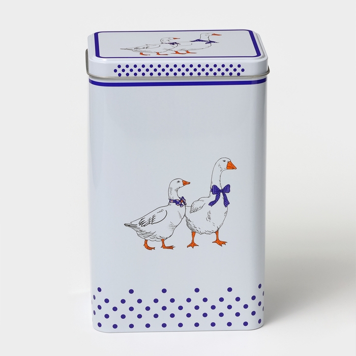 Банка для сыпучих продуктов &laquo;Гуси&raquo;, 2,7 л, 13,5 х 9,5 х 21,5 см, жесть, цвет белый в горох