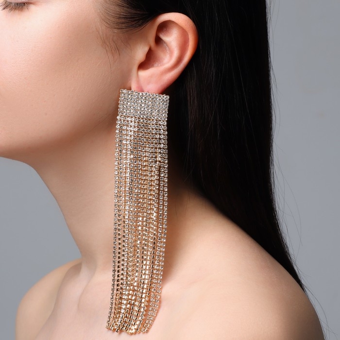 Серьги висячие со стразами «Водопад» струящийся, цвет белый в золоте, 16 см Серьги висячие со стразами «Водопад» струящийся, цвет белый в золоте, 16 см