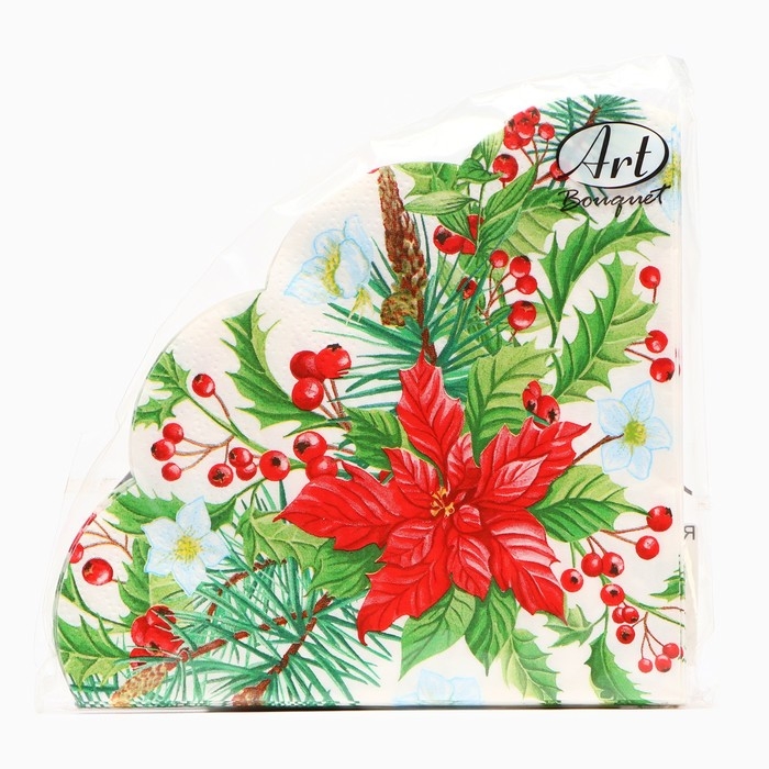 Новый год. Салфетки бумажные Art Bouquet Rondo "Пуансеттия", 3 слоя, d 32, 12 шт