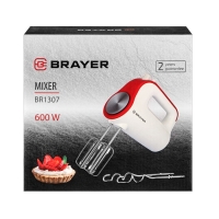 Миксер BRAYER 1307BR, ручной, 600 Вт, 5 скоростей, бело-красный Миксер BRAYER 1307BR, ручной, 600 Вт, 5 скоростей, бело-красный