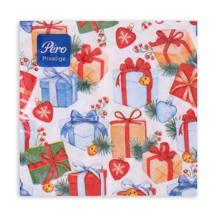 Новогодние салфетки бумажные Pero Prestige «Подарки», 3 слоя, 33х33 см, 20 шт Новогодние салфетки бумажные Pero Prestige «Подарки», 3 слоя, 33х33 см, 20 шт