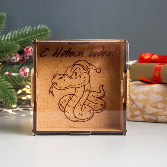 Новогодняя копилка с акрилом Новогодняя копилка с акрилом "Змея в колпаке" 12х12х4 см