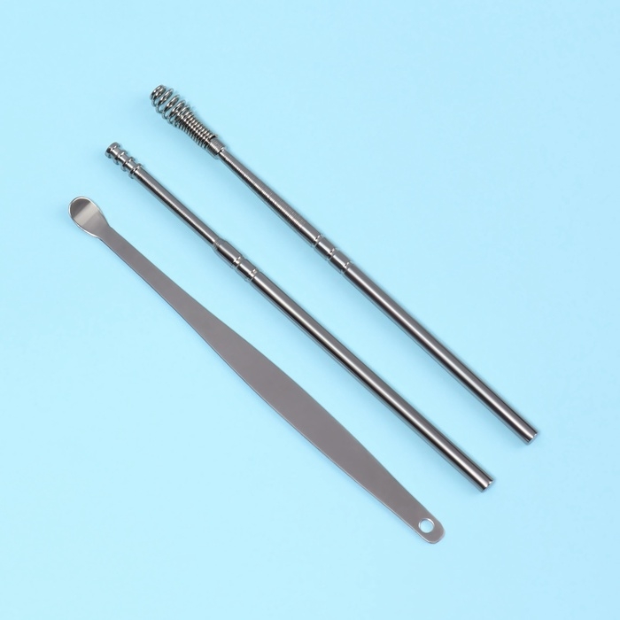 Набор для чистки ушей, 3 предмета, 9 &times; 2,8 &times; 1,3 см, в футляре, цвет серебристый