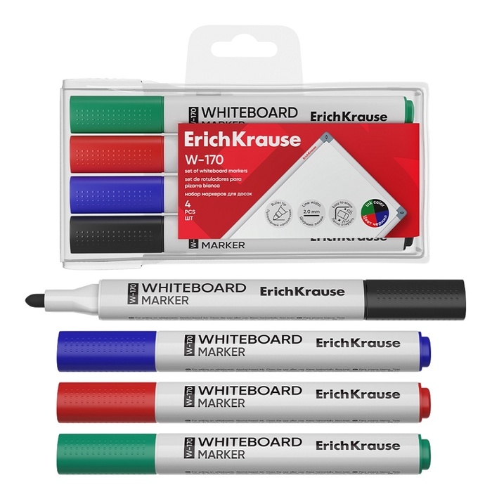 Набор маркеров для досок ErichKrause W-170, 4 штуки, 2.0 мм, чернила на спиртовой основе, чёрный, синий, красный, зелёный Набор маркеров для досок ErichKrause W-170, 4 штуки, 2.0 мм, чернила на спиртовой основе, чёрный, синий, красный, зелёный
