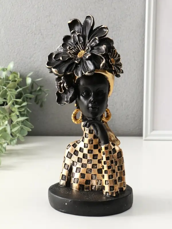 Бюст полистоун "Девушка с цветком, в наряде в клетку" чёрный 13,3х12,3х29,5 см