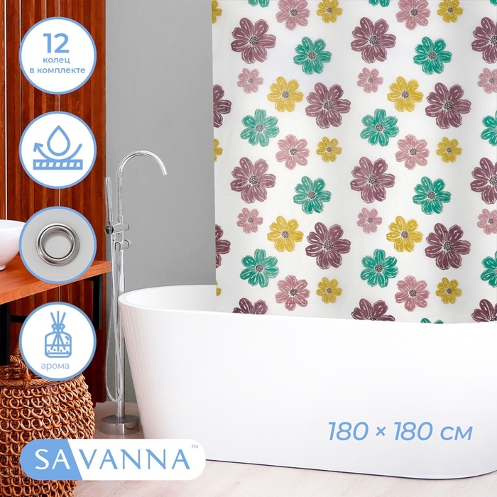 Штора для ванной &laquo;Цветы&raquo;, с люверсами, с утяжелителями, PEVA ароматизированная, 180&times;180 см