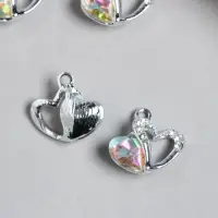 Металлический элемент, декоративная подвеска &laquo;Арт Узор. Двойное сердце&raquo;, стразы, серебро, 1.7&times;1.8 см