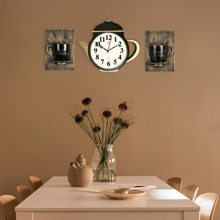 Часы настенные, для кухни Часы настенные, для кухни "Чайник и две чашки", бесшумные, 29 х 34 см, чёрные