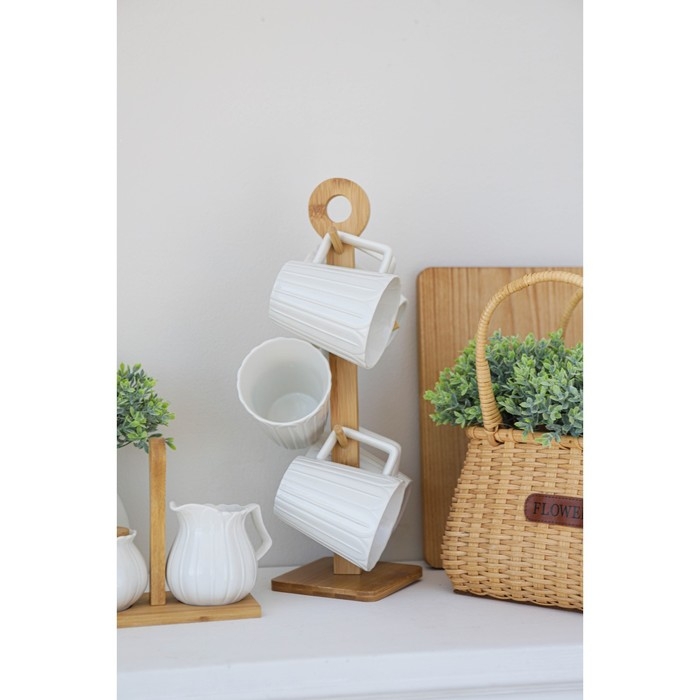 Набор фарфоровых кружек на бамбуковой подставке BellaTenero &laquo;Тюльпан&raquo;, 6 предметов: 300 мл, цвет белый