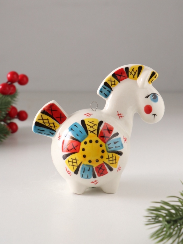 Ёлочный фарфоровый шар "Лошадь Солнце Лоскутное" /авторская роспись/,  11 см