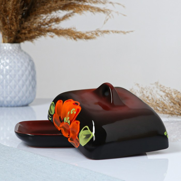 Масленка "Псковская" 18х14х8см, мак на черном