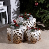 Светодиодная фигура &laquo;Белые плетёные подарки&raquo; 15, 20, 25 см, текстиль, металл, 220 В, свечение тёплое белое